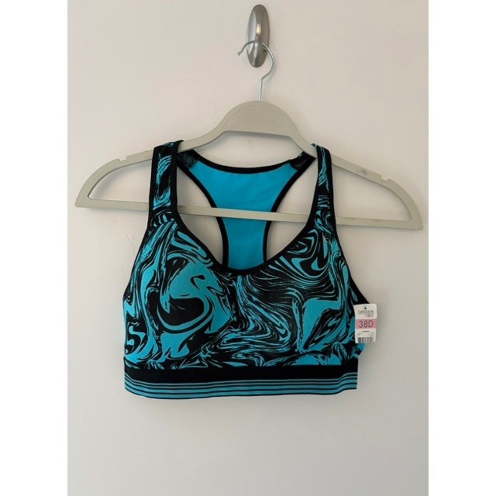 Danskin Now Womens Teal Black Marble Swirl Racerback Sports Bra 38D NWT